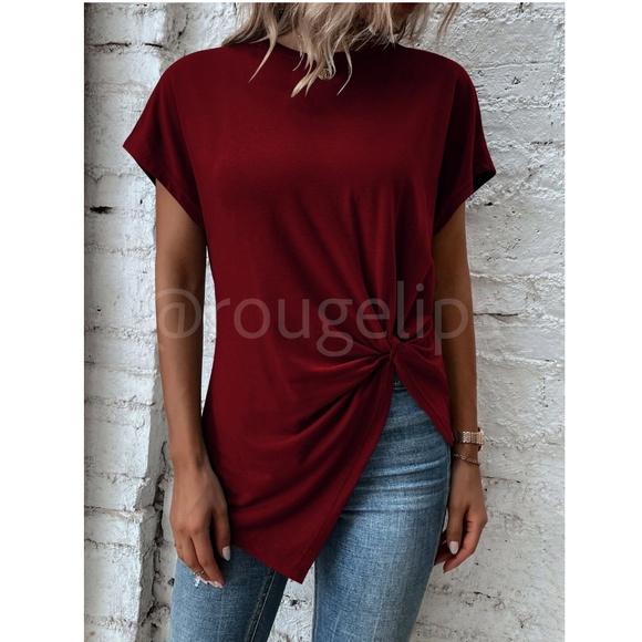 Twist Detail Burgundy Tee Shirt Short Sleeve Round Neck - Picture 2 of 12